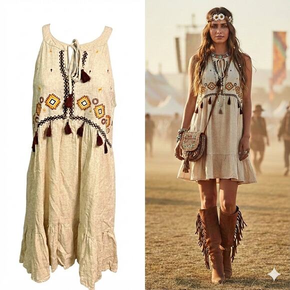 Easel Mini Linen Blend Halter Dress Womens M Boho Embroidered Cottagecore Flowy - Picture 1 of 9
